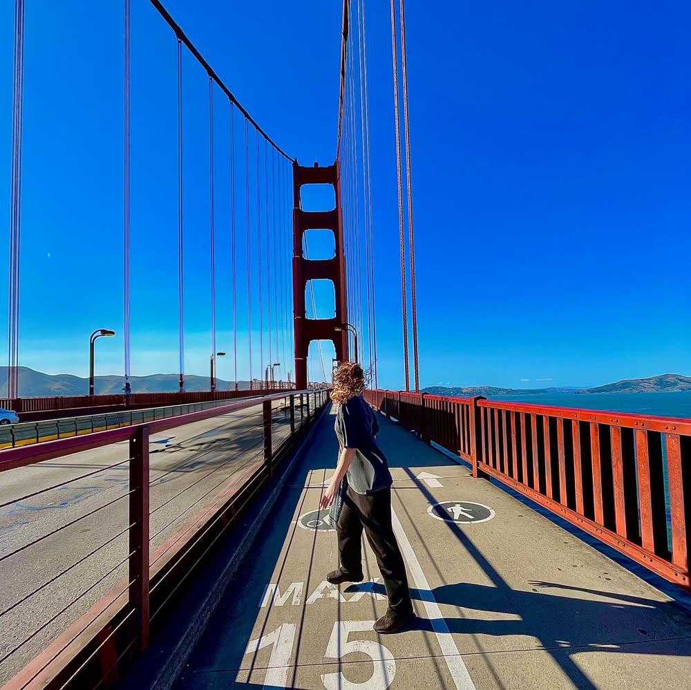 Lilla walking on the Golden Gate Bridge